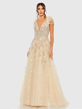 Mac Duggal 20259 Embellished Feathered Sleeveless A-Line Gown Size 10 NWT Nude